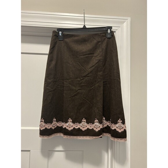 Vintage Y2K EXPRESS Brown Wool Blend Aline Skirt Pink Sequined Lace Trim Size 0 - Picture 1 of 8